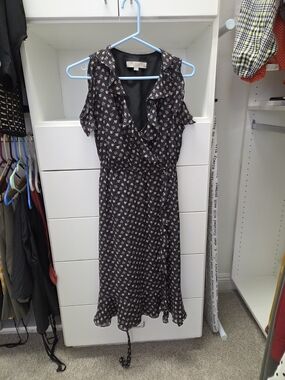 LOFT Black Midi Dress with Pink Floral Print